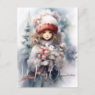 Adorable Christmas Fairy with Teddy  Holiday Postcard