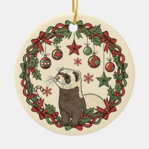 Adorable Christmas Ferret in Holly Wreath Ceramic Ornament
