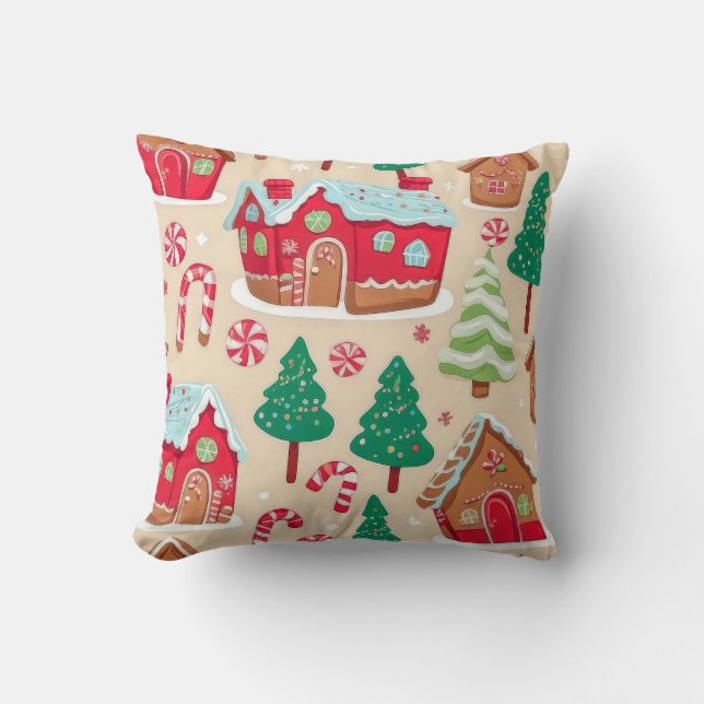 Adorable Christmas Gingerbread Candy Cane Pattern Throw Pillow (Front)