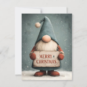 Adorable Christmas Gnome holding "Merry Christmas" Postcard