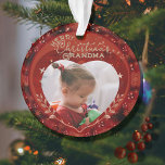 Adorable Christmas Grandma Red Photo Ornament<br><div class="desc">This adorable CHRISTMAS PHOTO ORNAMENT in bright red,  some orange,  and burgundy frame with Christmas ornamental graphic features a photo of your grandchild and a Merry Christmas wish from the Family members. All text on the front and back allows for customization.
Enjoy !</div>