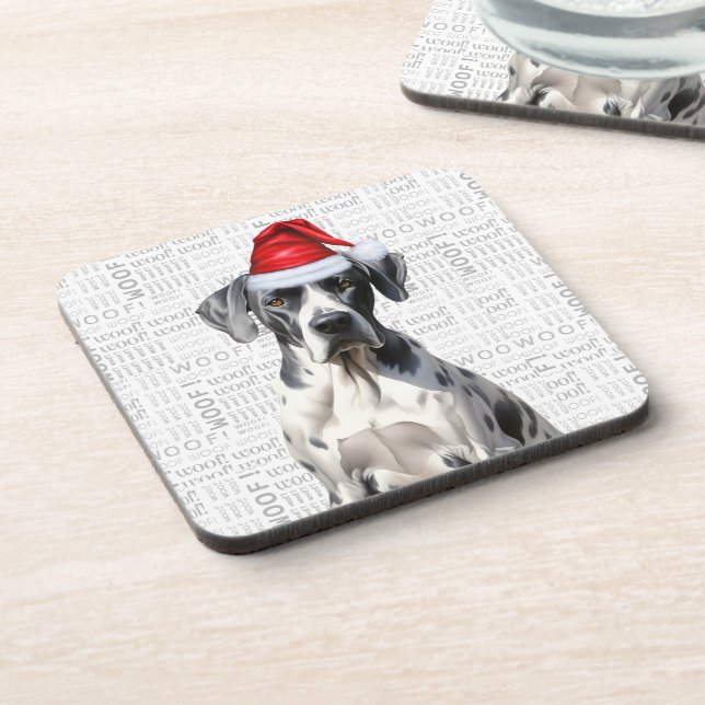 Adorable Christmas Great Dane Woof Word Art Coaster (Left Side)