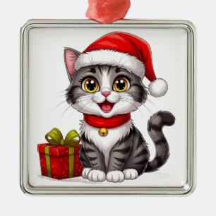Adorable Christmas Kitten With Santa Hat Metal Ornament