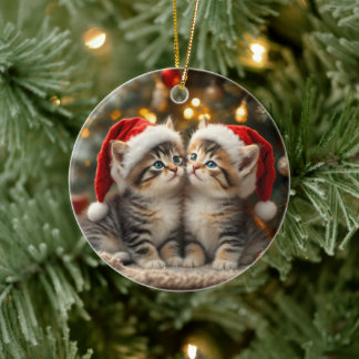Adorable Christmas kitten with Santa hats Ceramic Ornament