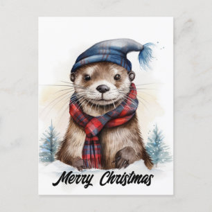 Adorable Christmas Otter Blue Hat Red Scarf Postcard