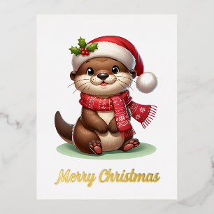 Adorable Christmas Otter Foil Holiday Postcard