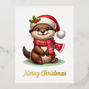 Adorable Christmas Otter  Foil Holiday Postcard