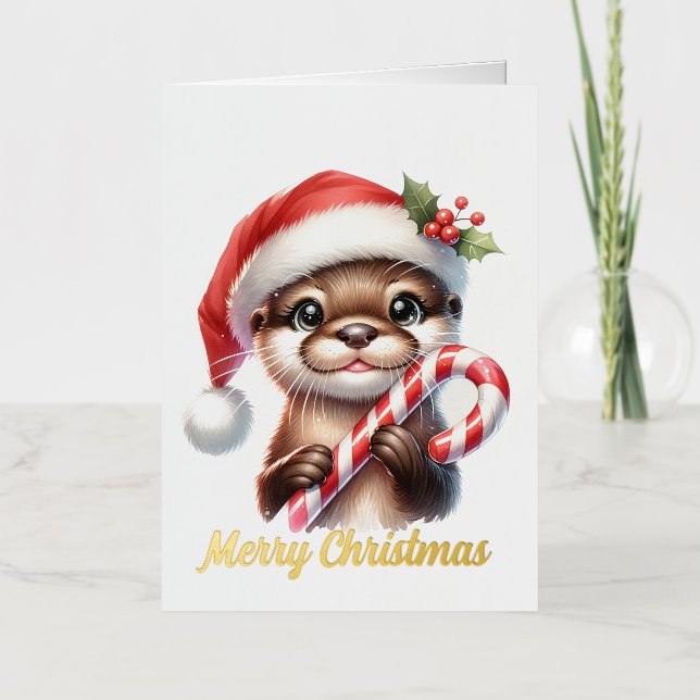 Adorable Christmas Otter in Santa Hat With Candy   Foil Greeting Card (Front)