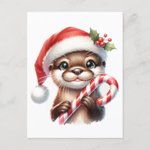Adorable Christmas Otter in Santa Hat With Candy Postcard