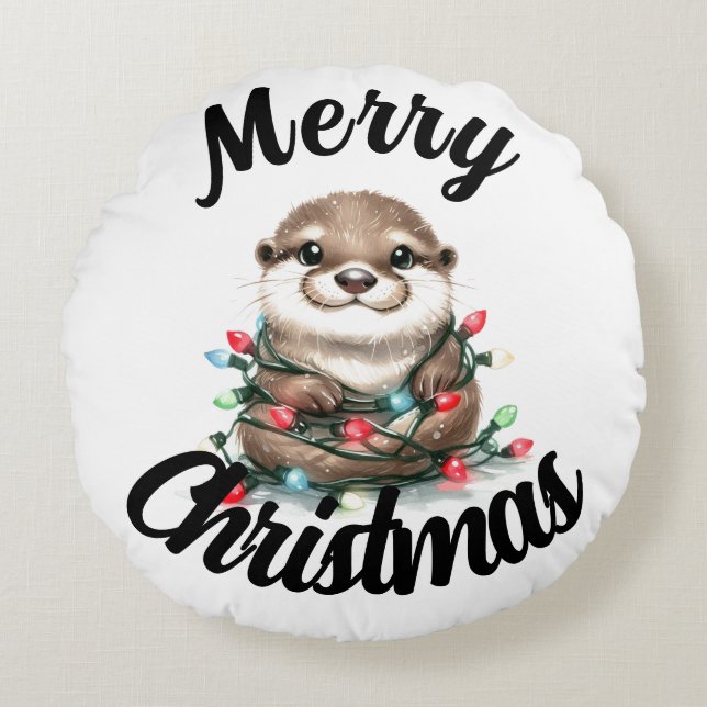 Adorable Christmas Otter Round Pillow (Front)