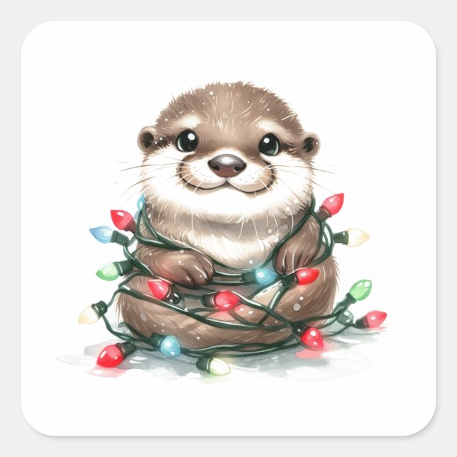 Adorable Christmas Otter Square Sticker (Front)