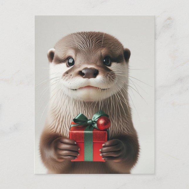 Adorable Christmas Otter With Present Postcard (Front)