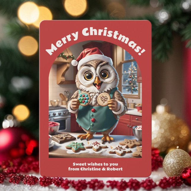 Adorable Christmas Owl Baking Cookie Cute Cozy Red Holiday Card (Adorable Christmas owl baking cookies, digital download or custom printed holiday card)