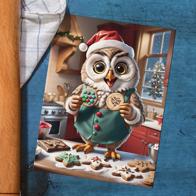 Adorable Christmas Owl Holiday Cookie Exchange (Happy owl baking Christmas cookies, fun holiday postcard for kids and cookie exchange parties)