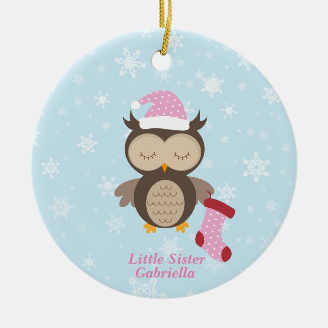 Adorable Christmas Owl Little Sister Ceramic Ornament (Front)