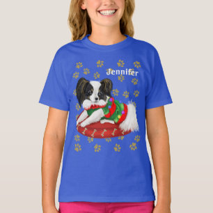 Adorable Christmas Papillon Puppy Custom Name T-Shirt