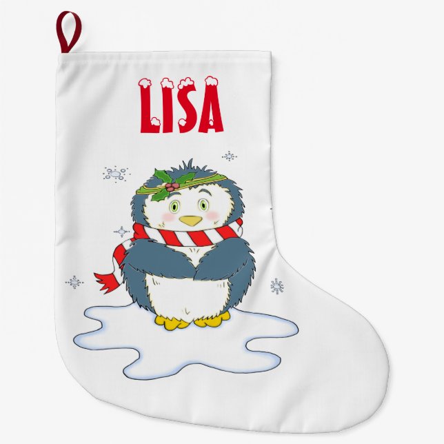 Adorable Christmas Penguin Large Christmas Stocking (Front)