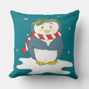 Adorable Christmas Penguin Throw Pillow