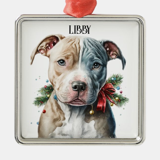 ADORABLE CHRISTMAS PIT BULL TERRIER DOG FACE METAL ORNAMENT (Front)