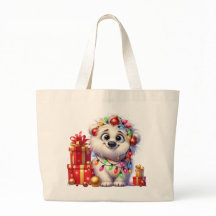 Adorable Christmas Puppy Large Tote Bag  