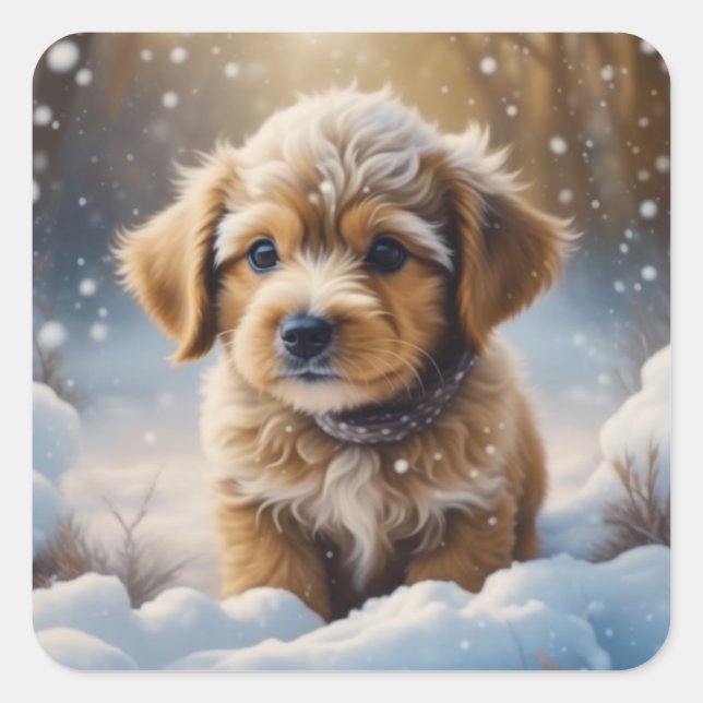 Adorable Christmas Puppy on a Snowy Night Square Sticker (Front)