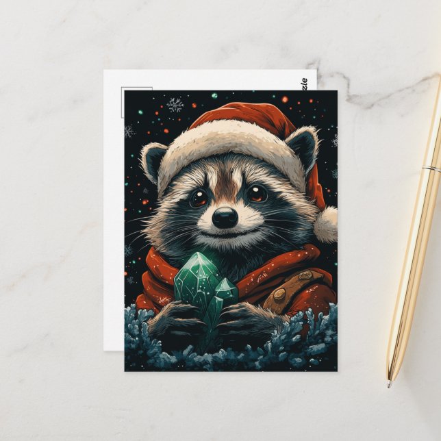 Adorable Christmas Raccoon Postcard (Front/Back In Situ)