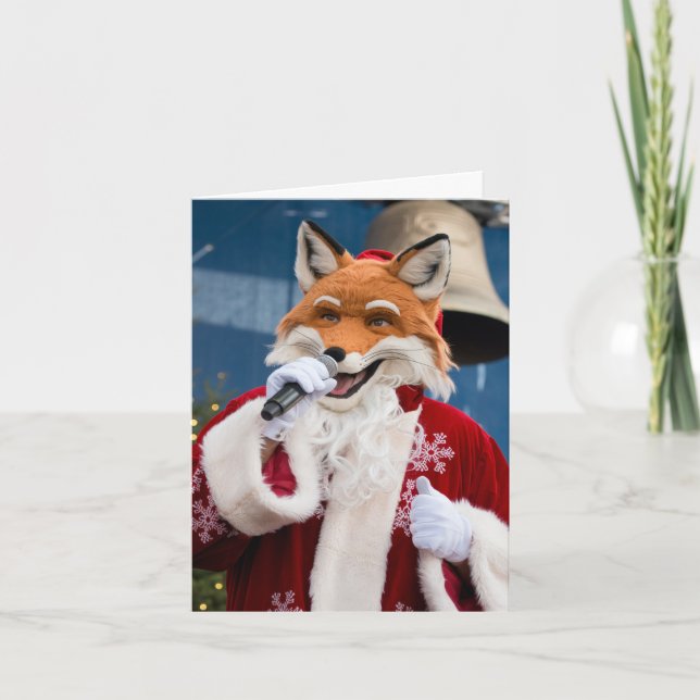 Adorable Christmas Red Fox Sings in Santa Suit Card (Front)