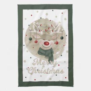 Adorable Christmas Reindeer Tea Towel - Green