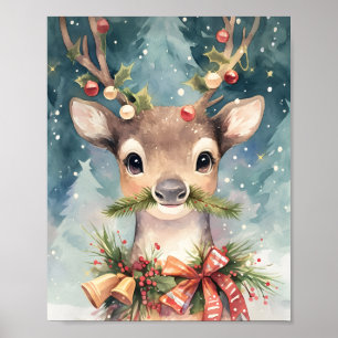 Adorable Christmas Reindeer Watercolor Wall Decor