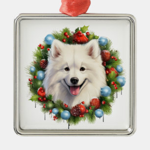 ADORABLE CHRISTMAS SAMOYED DOG WREATH METAL ORNAMENT