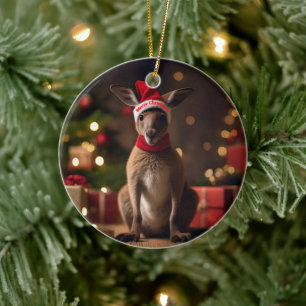 Adorable Christmas Santa Kangaroo, Ceramic Ornament