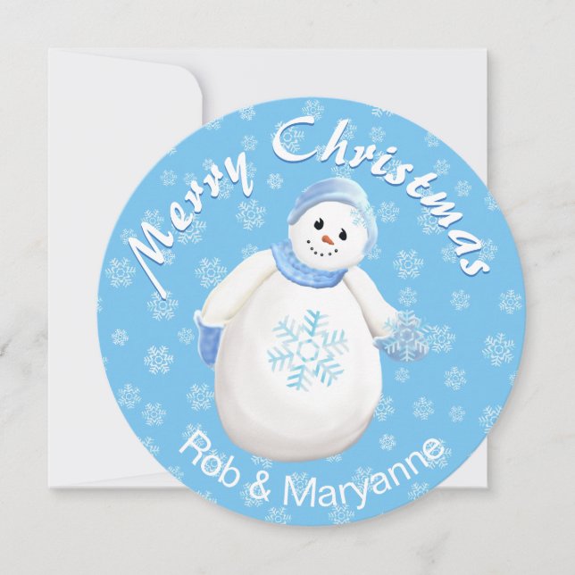 Adorable Christmas Snowman with Custom Names Holiday Card (Front)