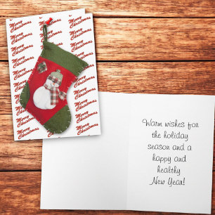 Adorable Christmas Stocking Snowman Over White Holiday Card