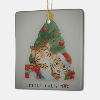 Adorable Christmas Tigers Ceramic Ornament