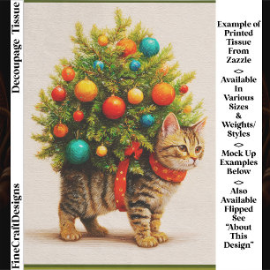 Adorable Christmas Tree Cat/Kitten FN8R Decoupage Tissue Paper