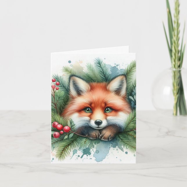 Adorable Christmas Watercolor Red Fox Card (Front)