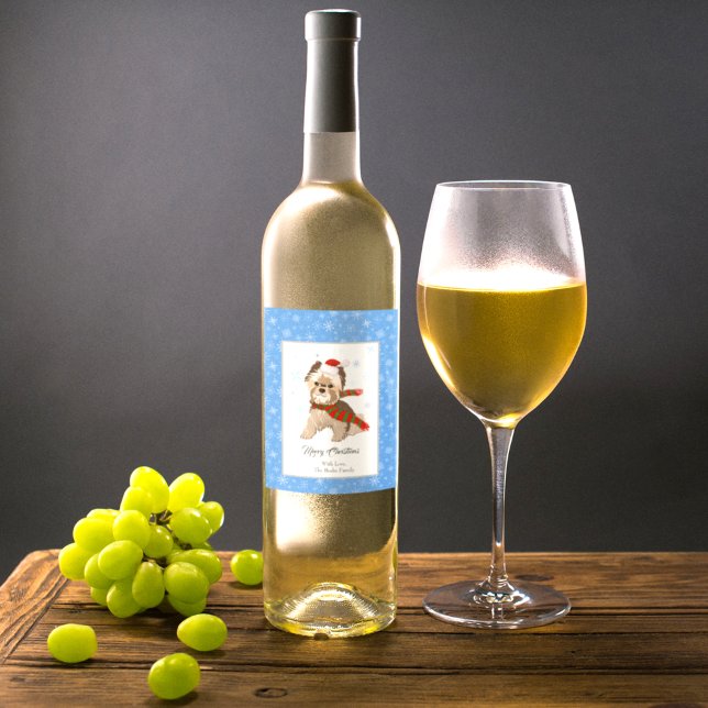 Adorable Christmas Yorkie In Santa Hat Snowflakes  Wine Label (Creator Uploaded)