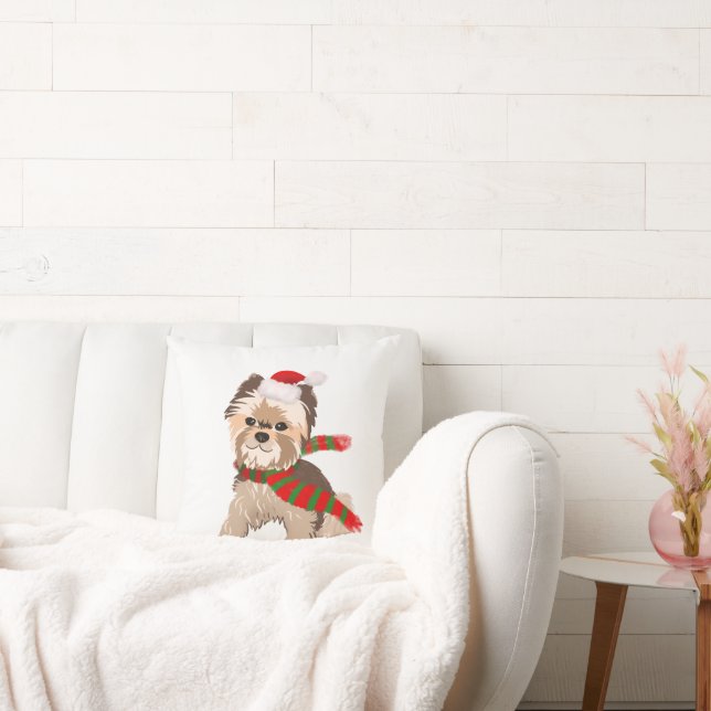 Adorable Christmas Yorkie In Santa Hat  Throw Pillow (Couch)