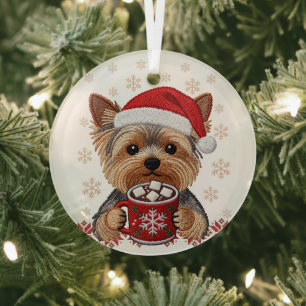 Adorable Christmas Yorkshire Terrier Glass Ornament