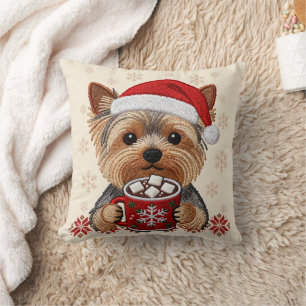 Adorable Christmas Yorkshire Terrier Throw Pillow