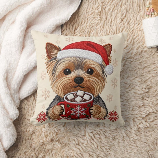 Adorable Christmas Yorkshire Terrier Throw Pillow (Blanket)