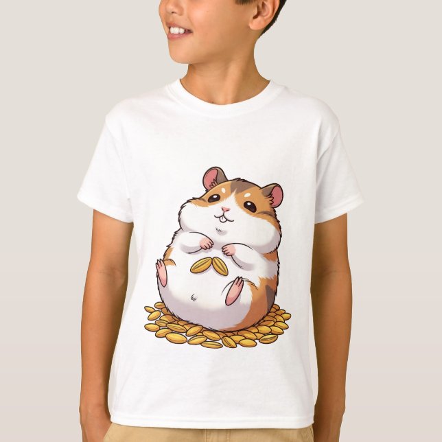Adorable Chubby Hamster Sitting on Pile of Seeds T-Shirt (Front)