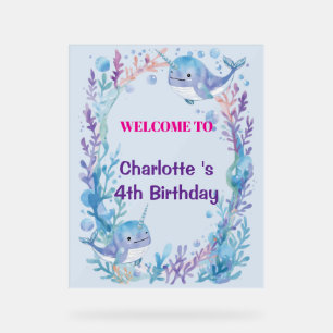 Adorable Chubby Narwhal Whale fish Seamless Sea Li Acrylic Sign