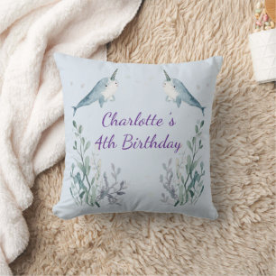 Adorable Chubby Narwhal Whale fish Seamless Sea Li Throw Pillow