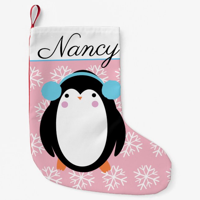 Adorable Chubby Penguin with Snowflakes Small Christmas Stocking (Front)