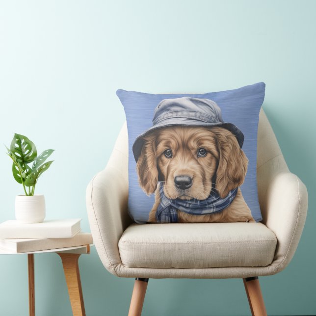 ADORABLE COCKER SPANIEL PUPPY WITH BLUE HAT THROW PILLOW (Chair)