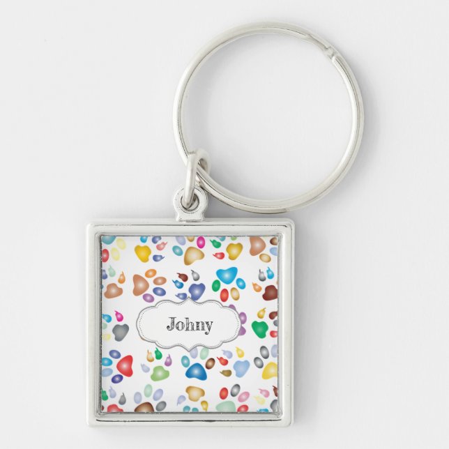 Adorable Colourful Dog Paw Prints,-Personalized Keychain (Front)
