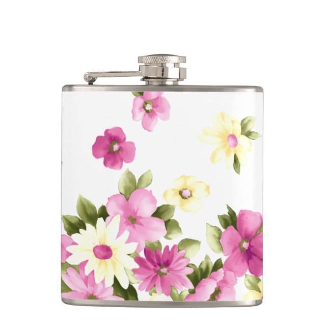 Adorable Colourful Girly Blooming Flowers Hip Flask (Front)