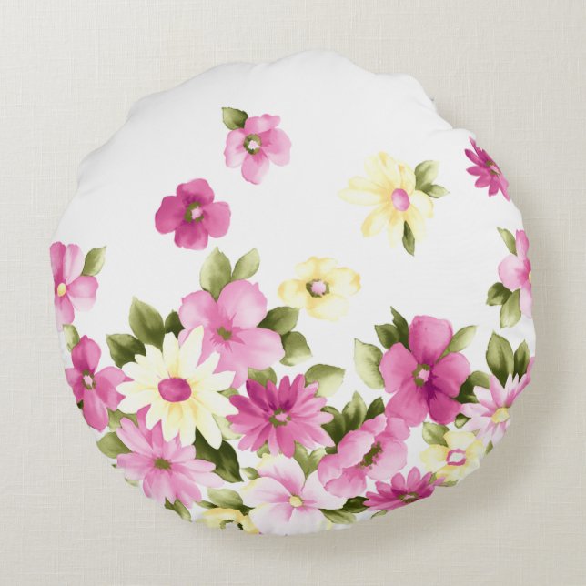 Adorable Colourful Girly Blooming Flowers Round Pillow (Back)