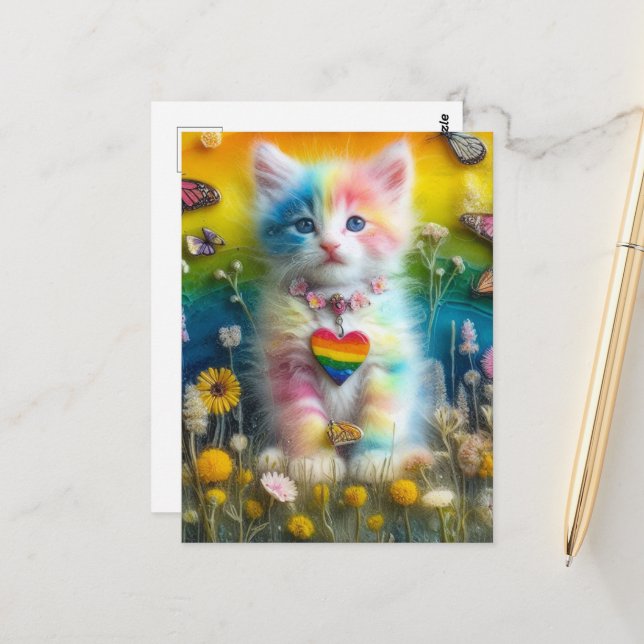 Adorable Colourful Kitten Postcard (Front/Back In Situ)